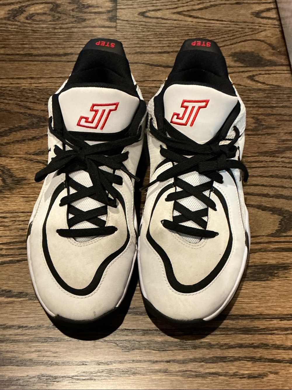 Men’s White and Black Lace-Up Sneakers with Red JT Accent